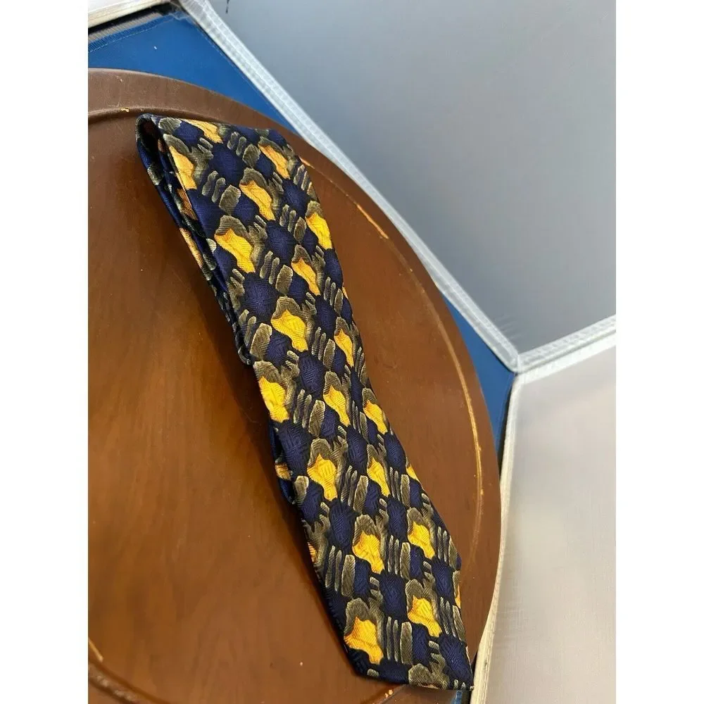 J Garcia Men's Blue Yellow Gray 100% Silk‎ Tie Geometric Necktie